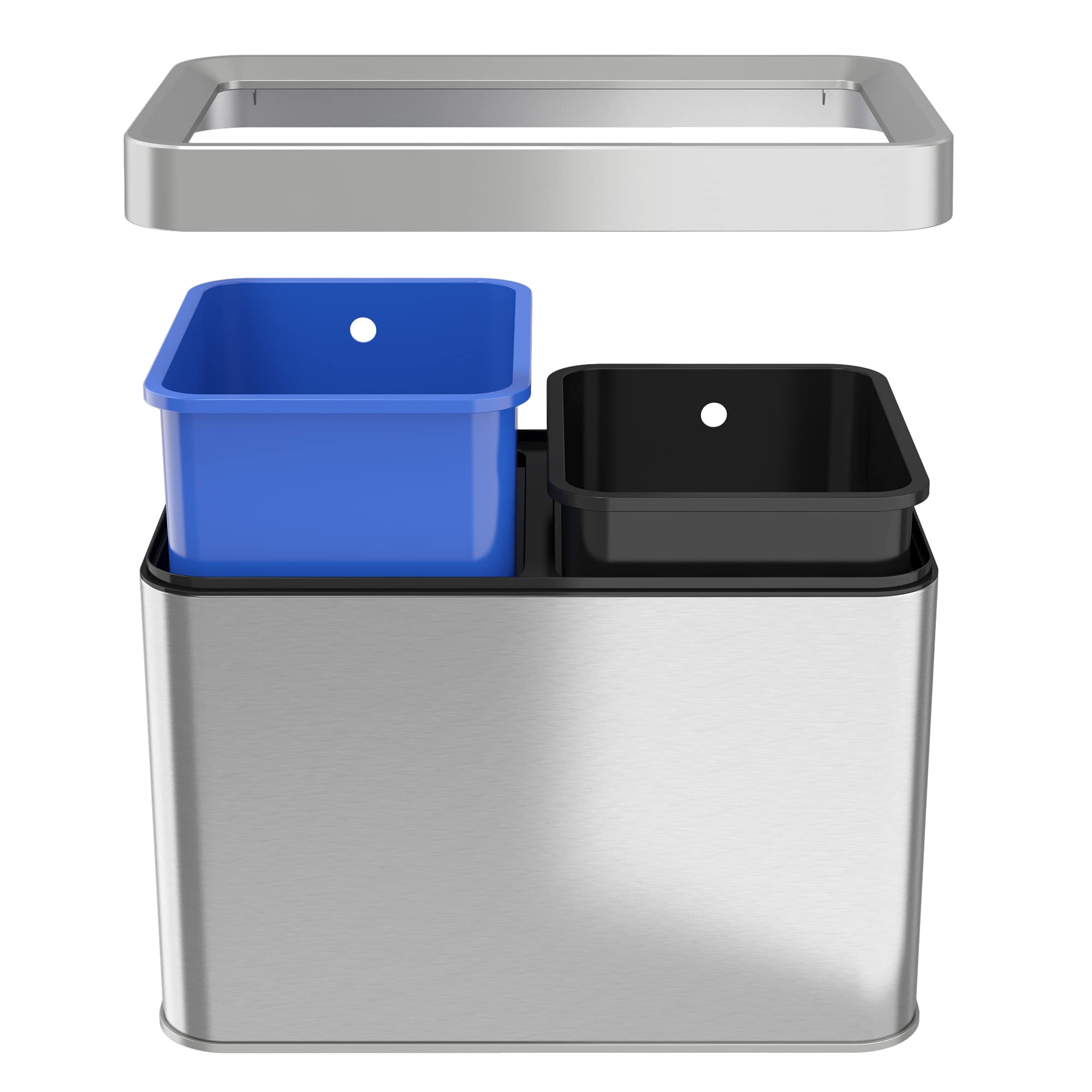 Itouchless 20 Liter / 5.3 Gallon Open Top Waste Trash Can & Recycle Bin With 2 Recycle Stickers, Dual Compartment Slim Stainless